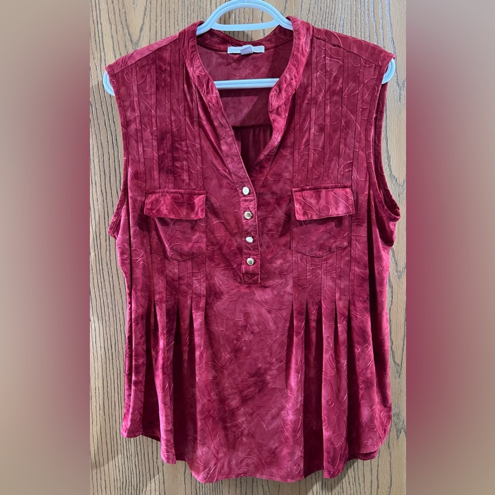 Sleeveless V-Neck Red Blouse with Button Placket